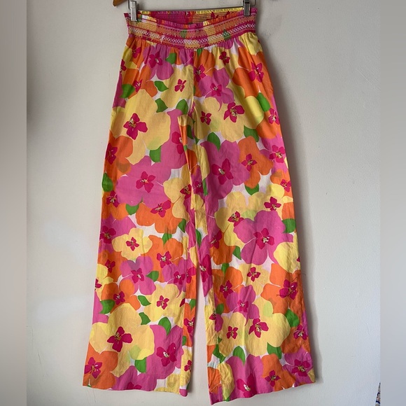 Lilly Pulitzer Vibrant Floral Lightweight Wide Leg Pants Elastic Waist Sz Small